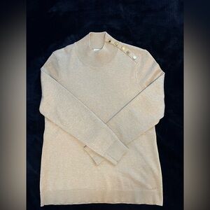 Calvin Klein Shiny Metallic Gold Mock Neck Sweater with Gold Buttons | Medium